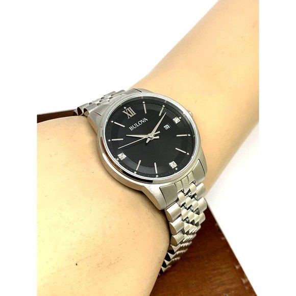 Bulova Women’s Watch 96P226 Silver Steel Diamond Black Dial Quartz 32mm - Picture 5 of 13